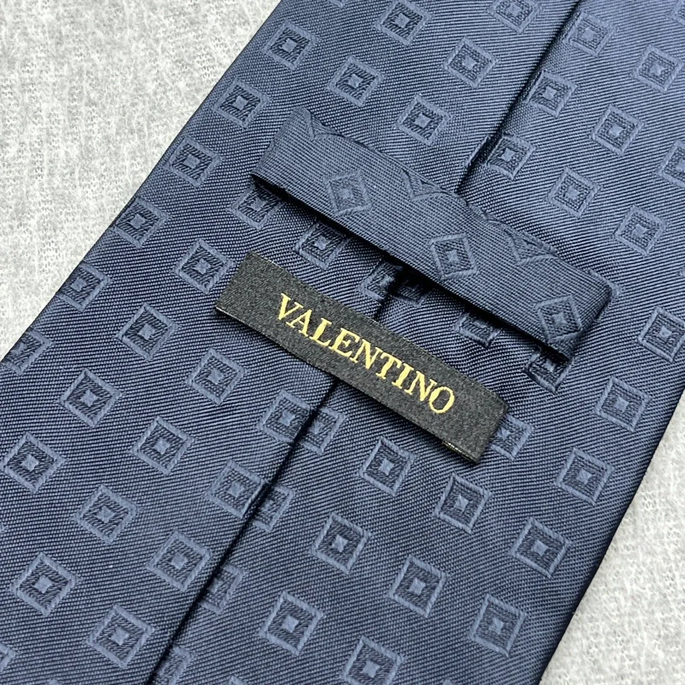 Valentino 100% Silk Tie Mens Blue Geometric Square Italy Made Luxury Designer